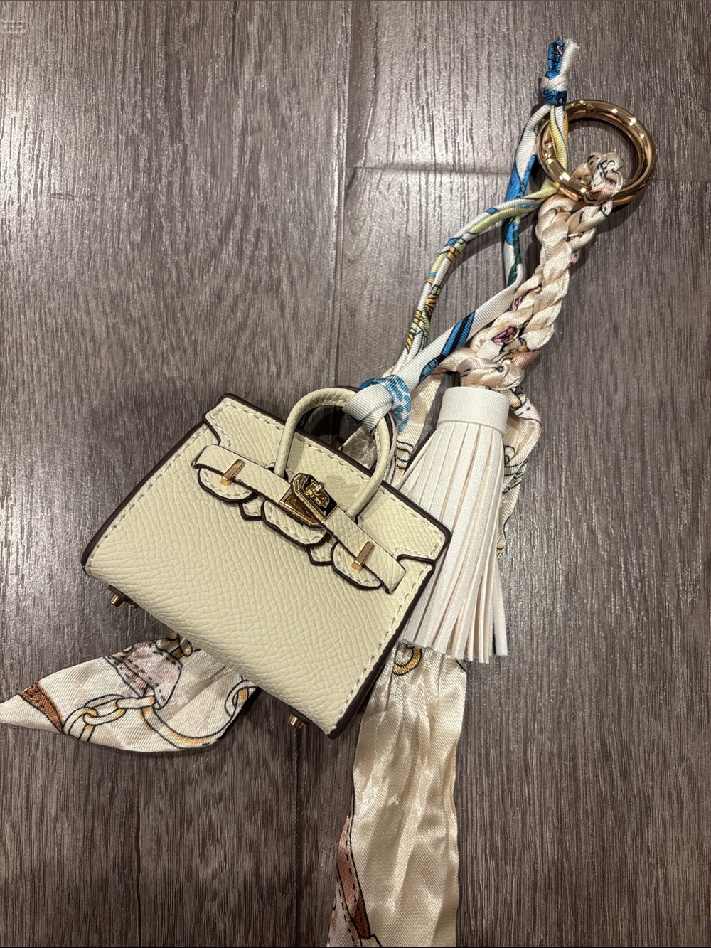 Mini Top Handle Handbag Charm Keychain with Scarf & Tassel – Cream - Picture 2 of 4